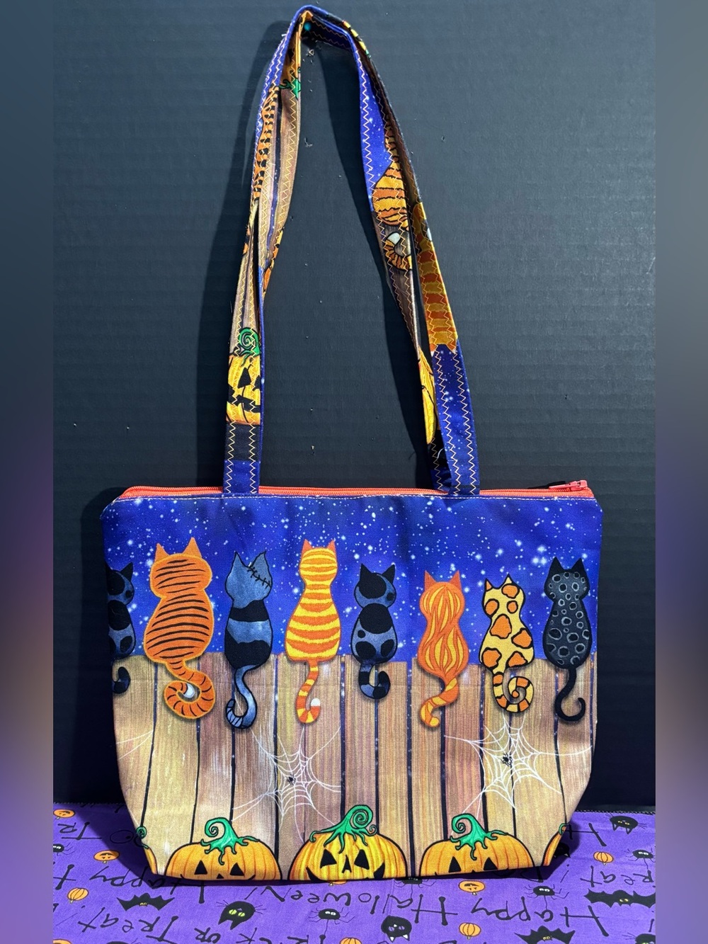 Halloween Cats on the Prowl & Pumpkins Handmade Small Tote with Zipper